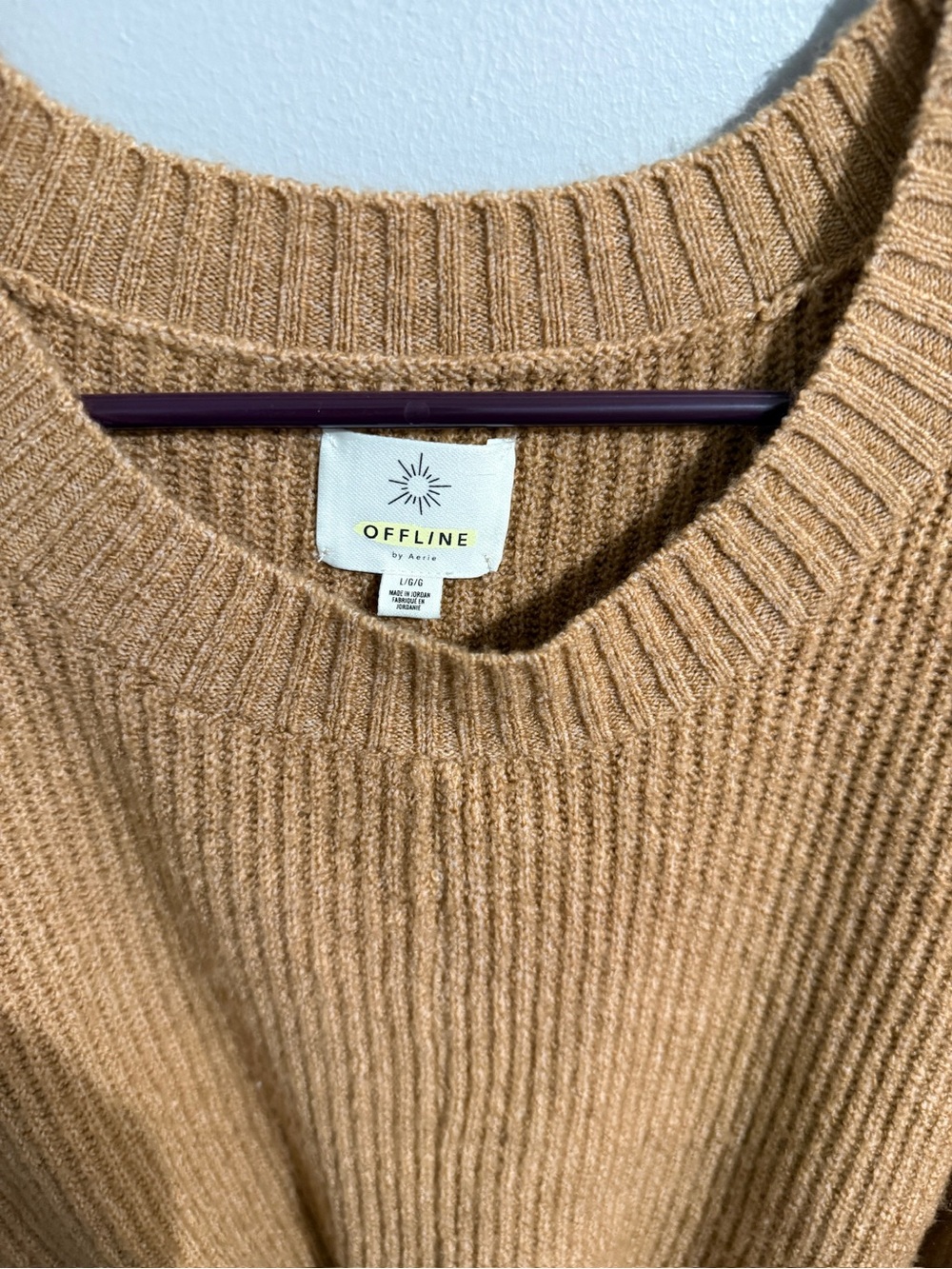 Aerie Sweater Womens Large Offline Knotted Front Crewneck Camel Slouchy Shoulder - Picture 5 of 10